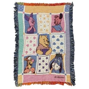 Vintage 90s Disney Winnie the Pooh Fringe Woven Tapestry Baby Blanket Throw